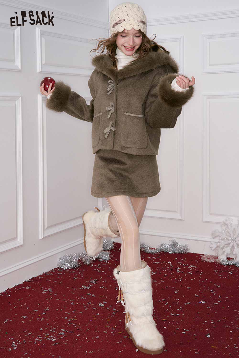 ELFSACK preppy bow plush jacket skirt set in brown with cozy warm details for winter style