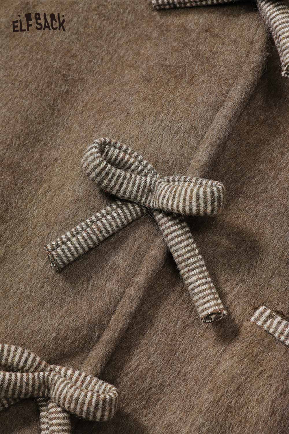 ELFSACK preppy bow plush jacket skirt set featuring stylish striped bows in a soft fabric