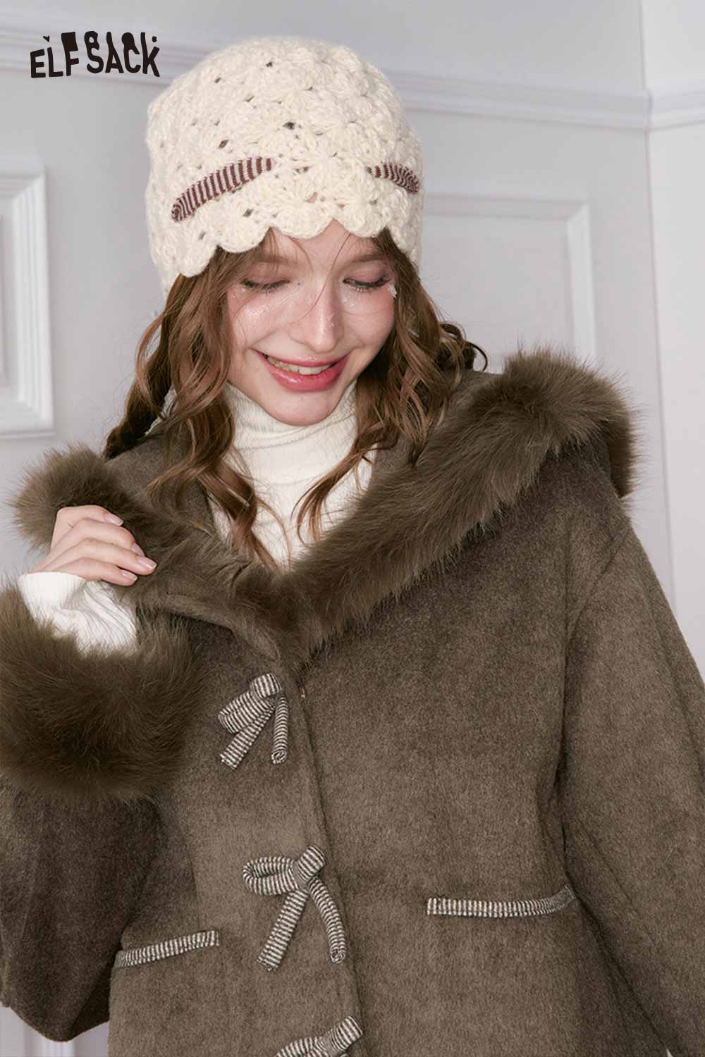 ELFSACK preppy bow plush jacket skirt set featuring a cozy jacket with a fur hood