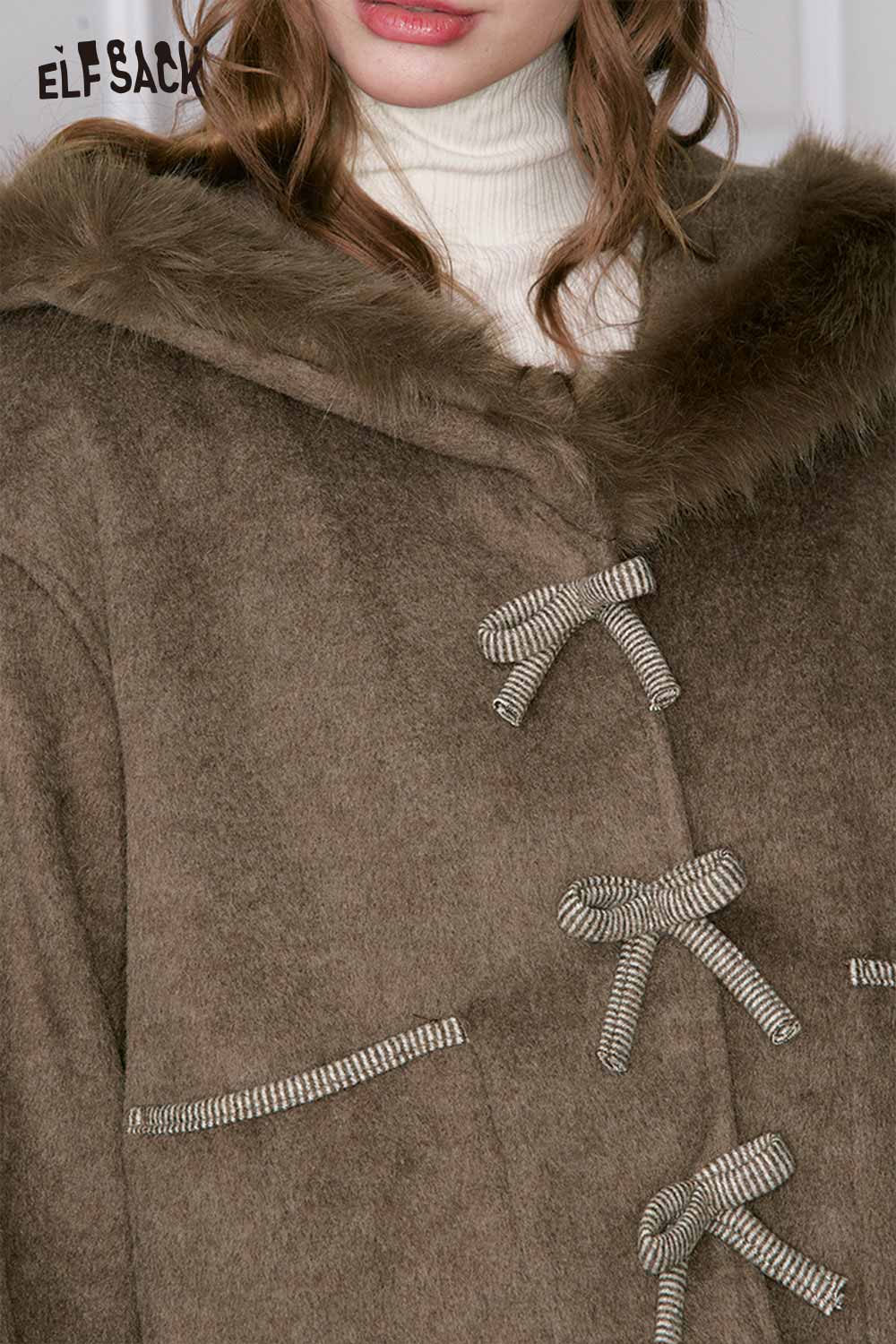 ELFSACK preppy bow plush jacket skirt set with fur hood and stylish design for a chic look