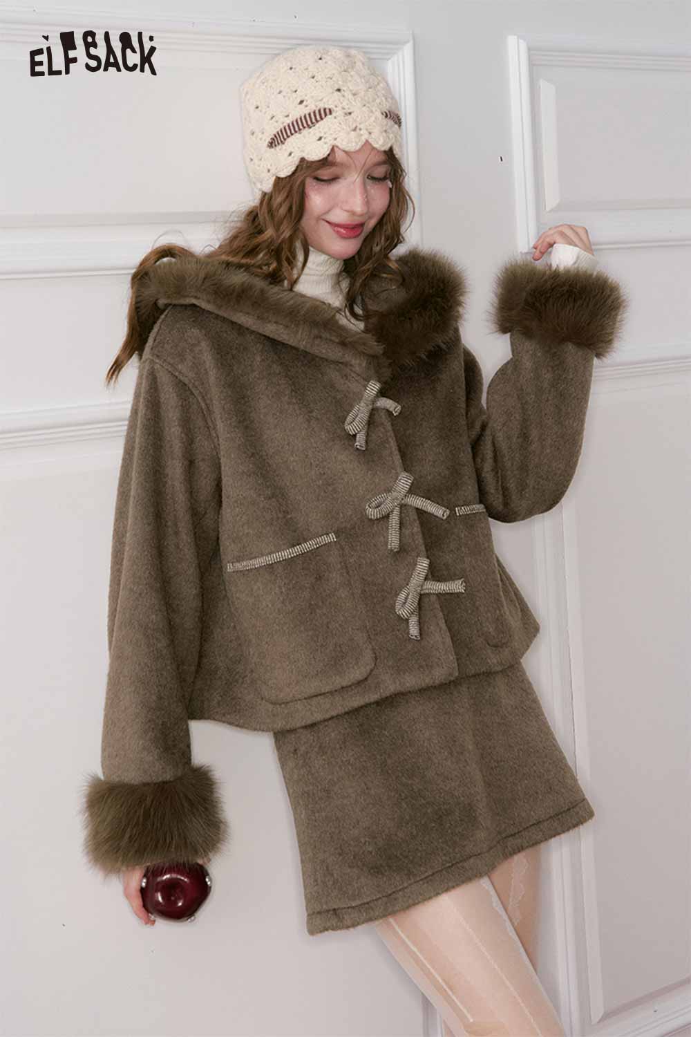 ELFSACK preppy bow plush jacket skirt set in brown with fur accents for stylish winter wear