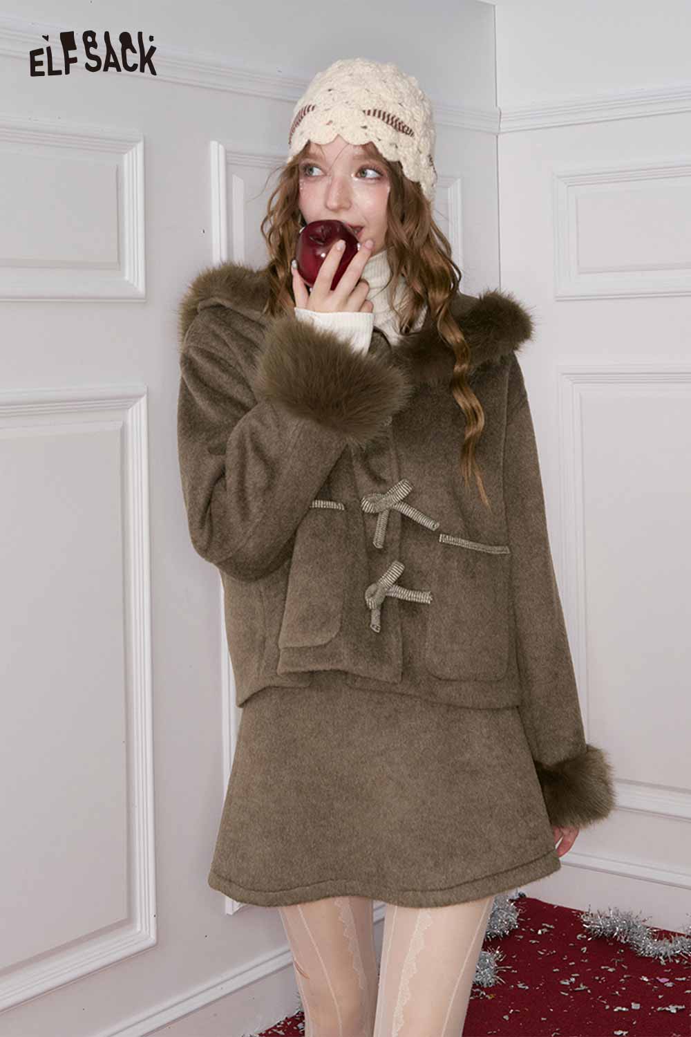 ELFSACK preppy bow plush jacket skirt set in brown with fur detailing and cozy style