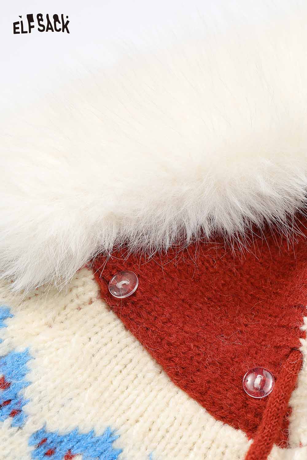 ELFSACK preppy christmas hooded cardigan with soft faux fur collar and colorful pattern