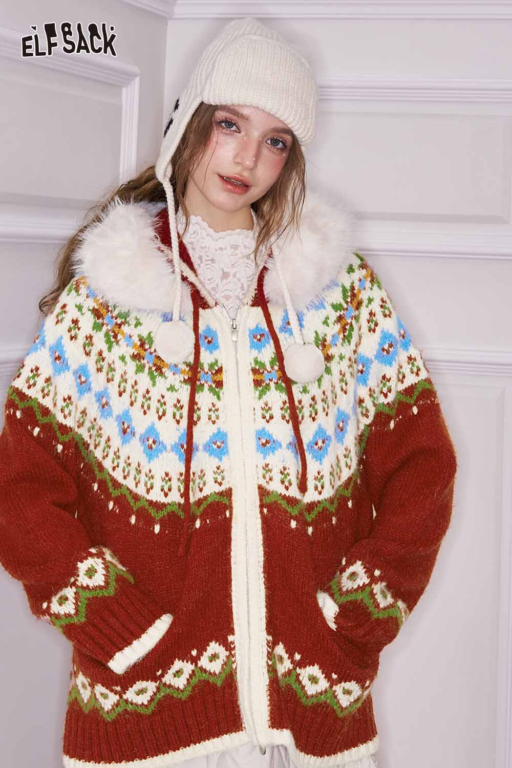 ELFSACK preppy christmas hooded cardigan with floral patterns and fluffy trim for festive style
