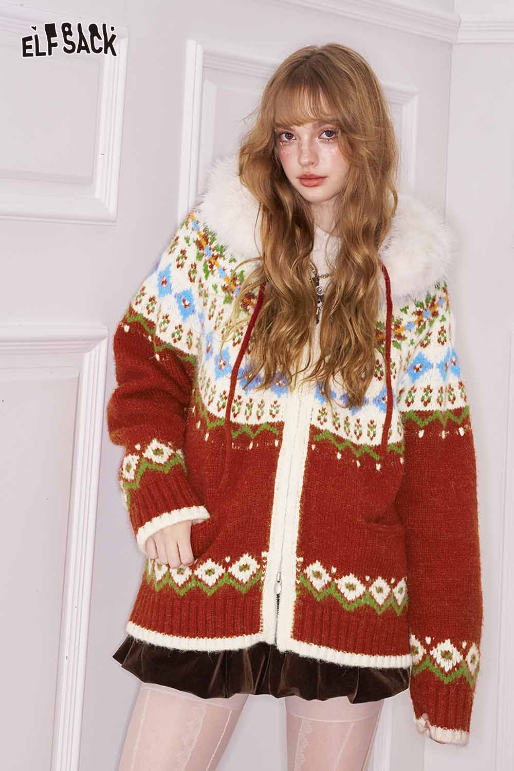 ELFSACK preppy christmas hooded cardigan with decorative patterns and fur trim, perfect for festive style