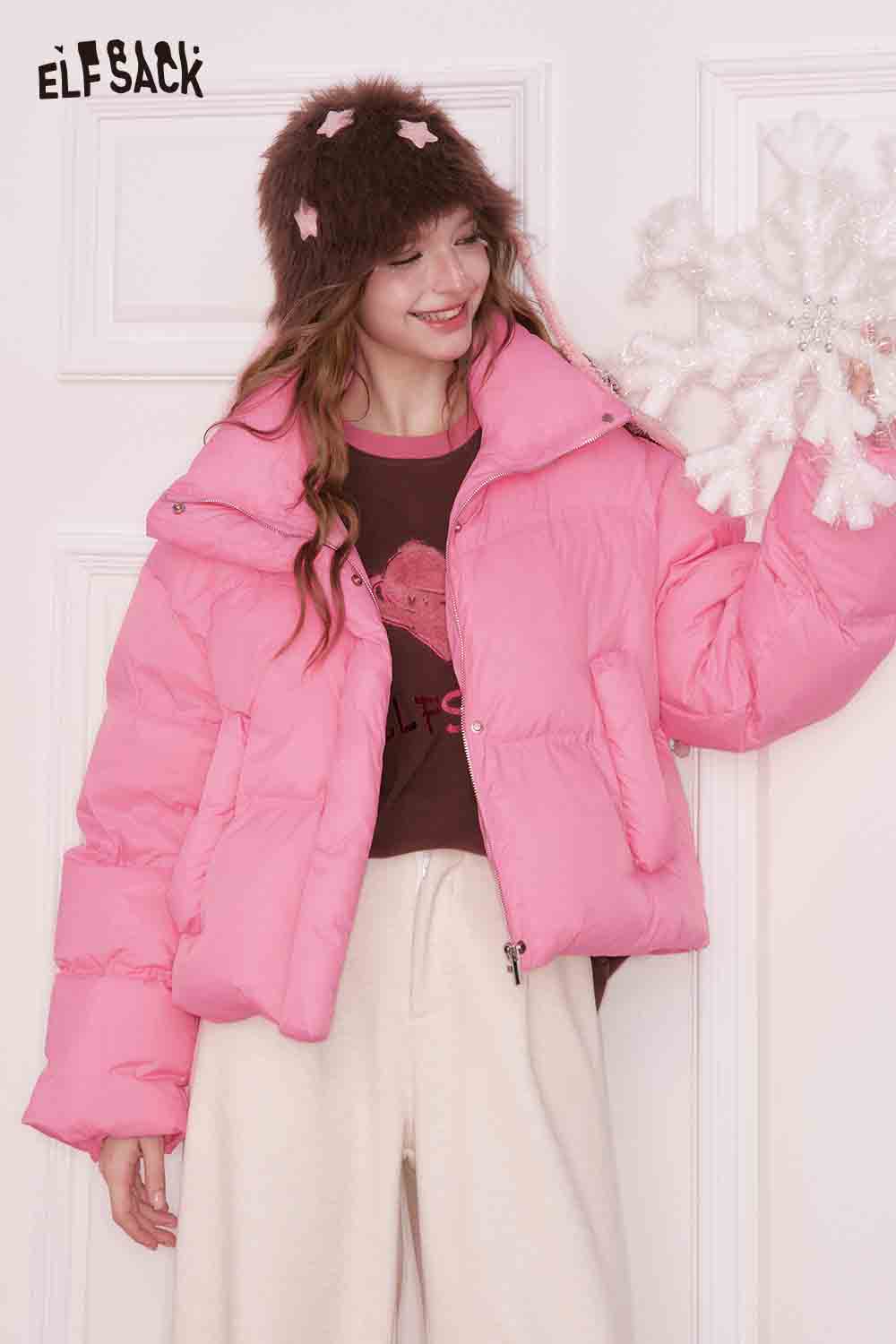 ELFSACK preppy cropped down jacket in vibrant pink with a stylish oversized fit and cozy materials