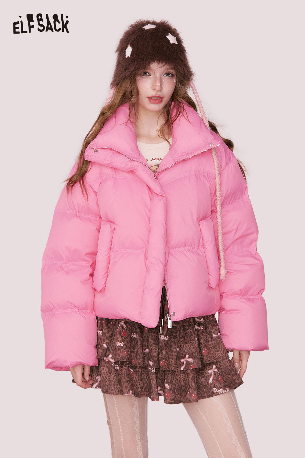ELFSACK preppy cropped down jacket in vibrant pink perfect for stylish winter layering