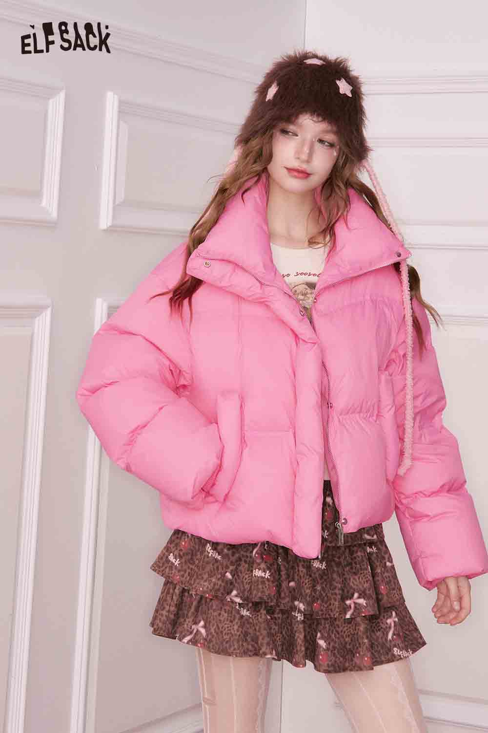 ELFSACK preppy cropped down jacket in pink, styled with a flirty skirt and a whimsical hat
