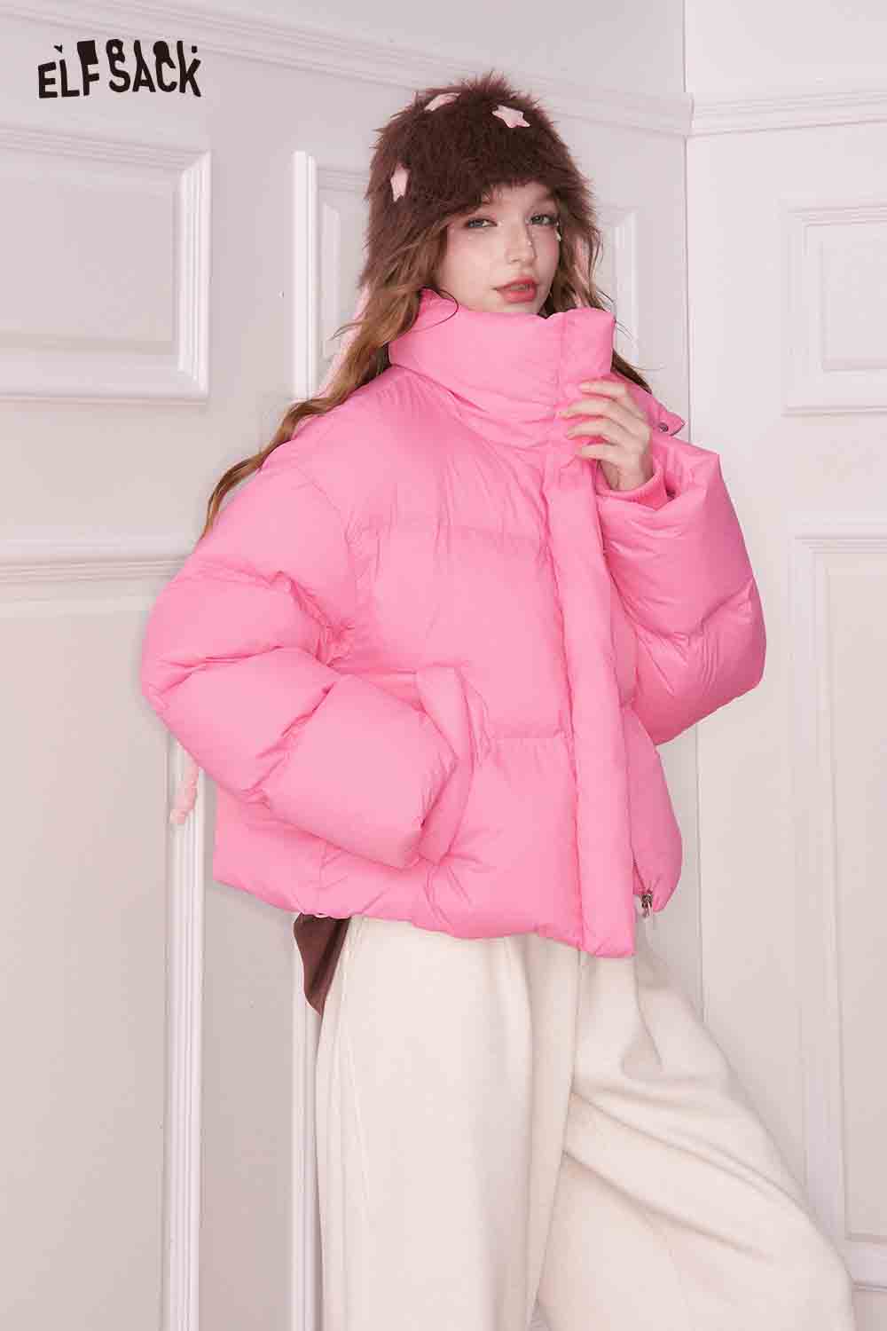 ELFSACK Preppy Cropped Down Jacket in Pink with a Cozy Design and Stylish Look