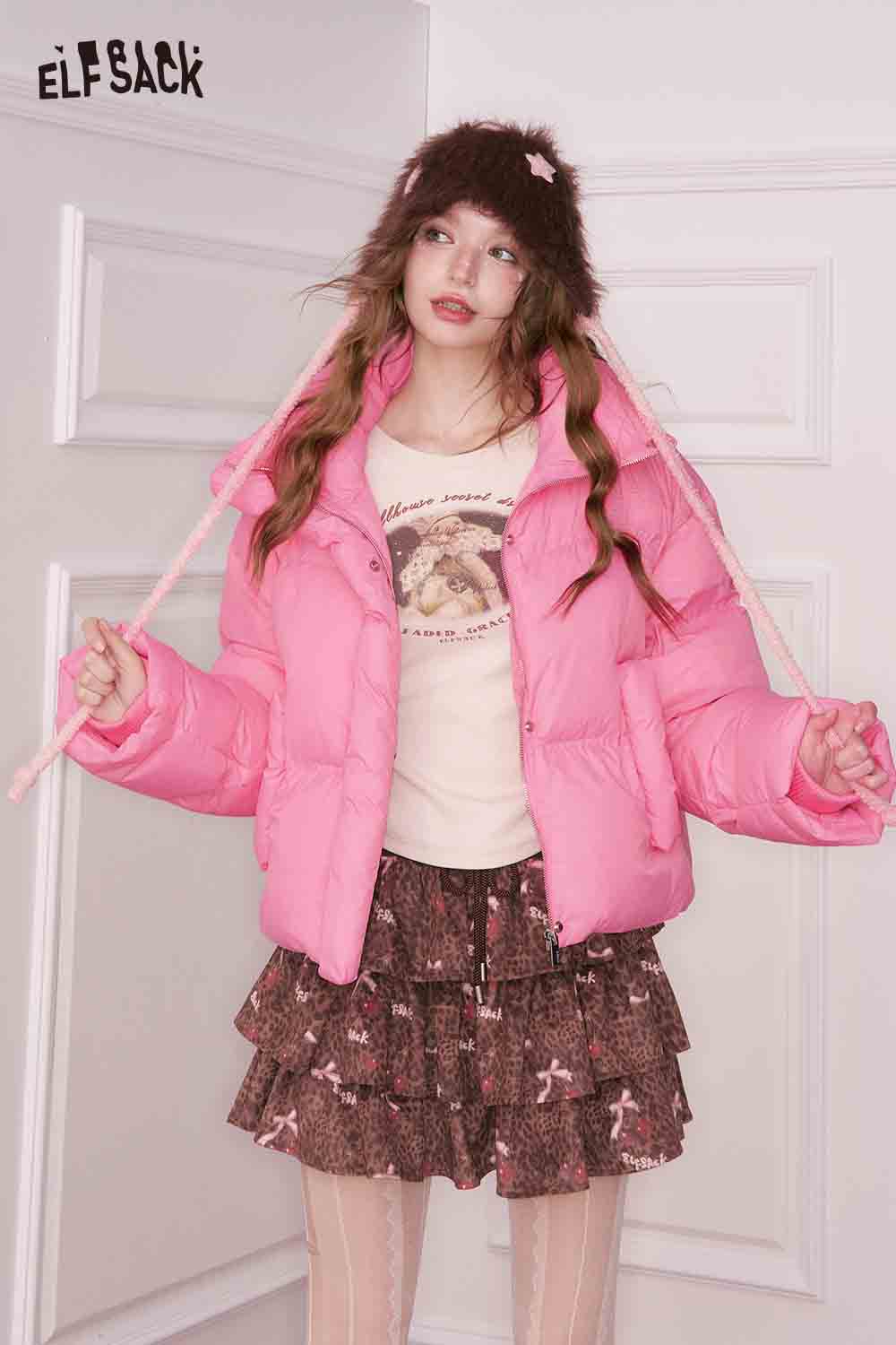 ELFSACK preppy cropped down jacket in vibrant pink paired with a stylish layered skirt