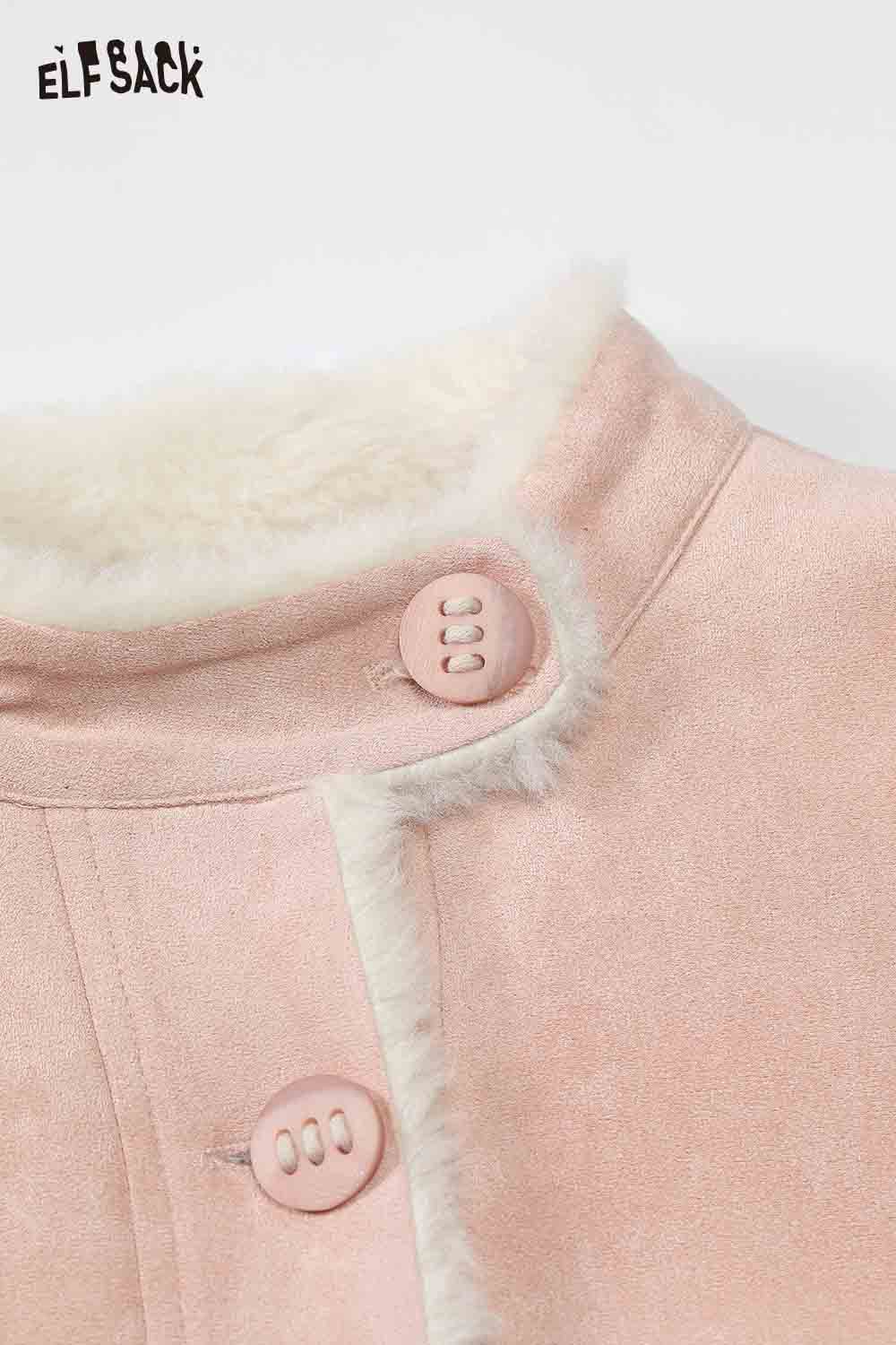 ELFSACK Preppy Deer Graphic Coat in soft pink with button closure and fur lining for cozy style