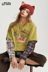 プレッピー フェイクレイヤード フォックスグラフィック チェックパッチワーク 長袖Tシャツ