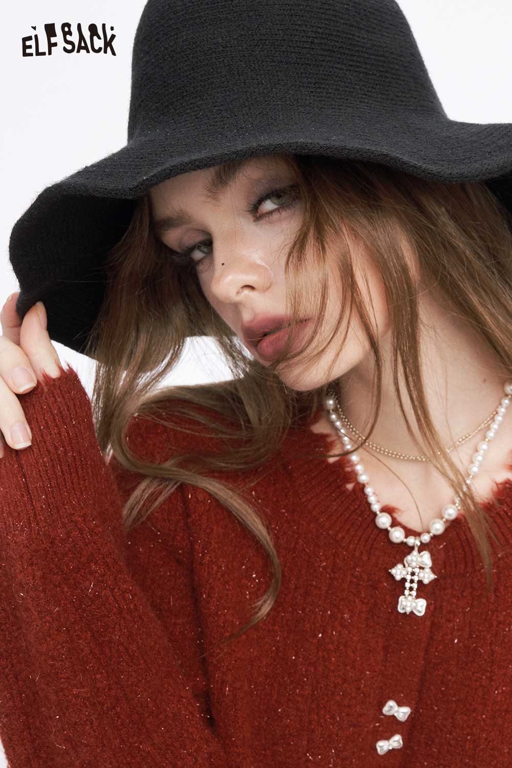 ELFSACK preppy fringe sweater for women in rust color with a cozy fit and stylish design