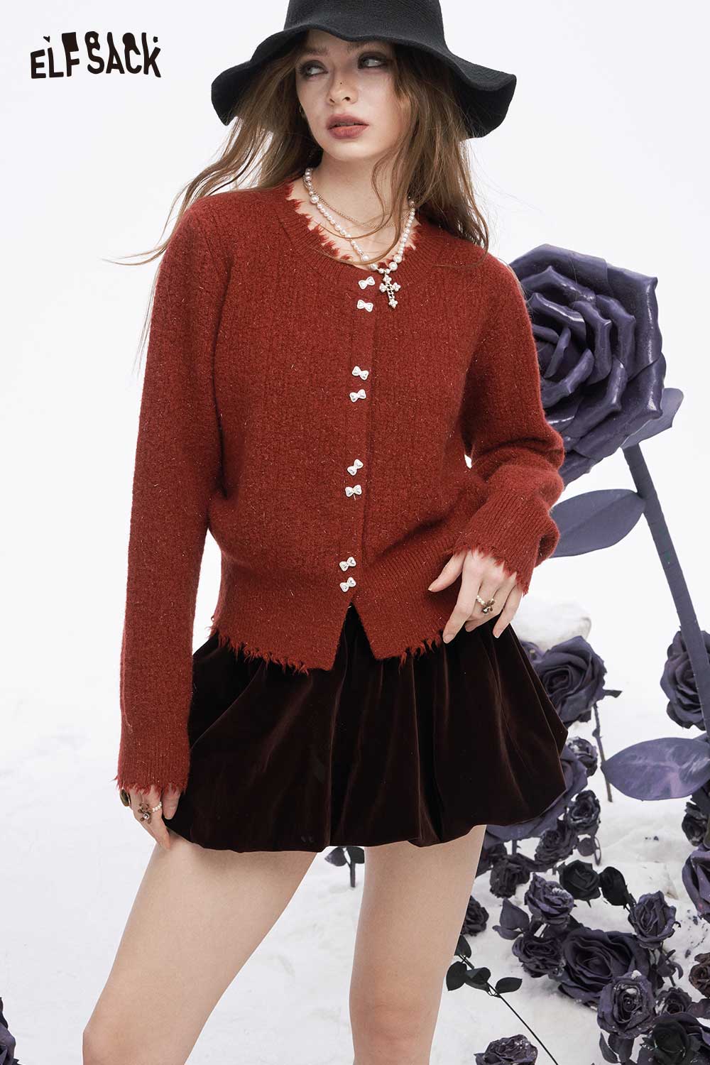 ELFSACK preppy fringe sweater for women in rust color, featuring a button-up front and distressed edges