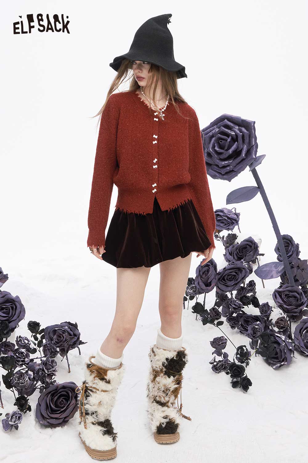 ELFSACK preppy fringe sweater for women in red, styled with a velvet skirt and chic accessories