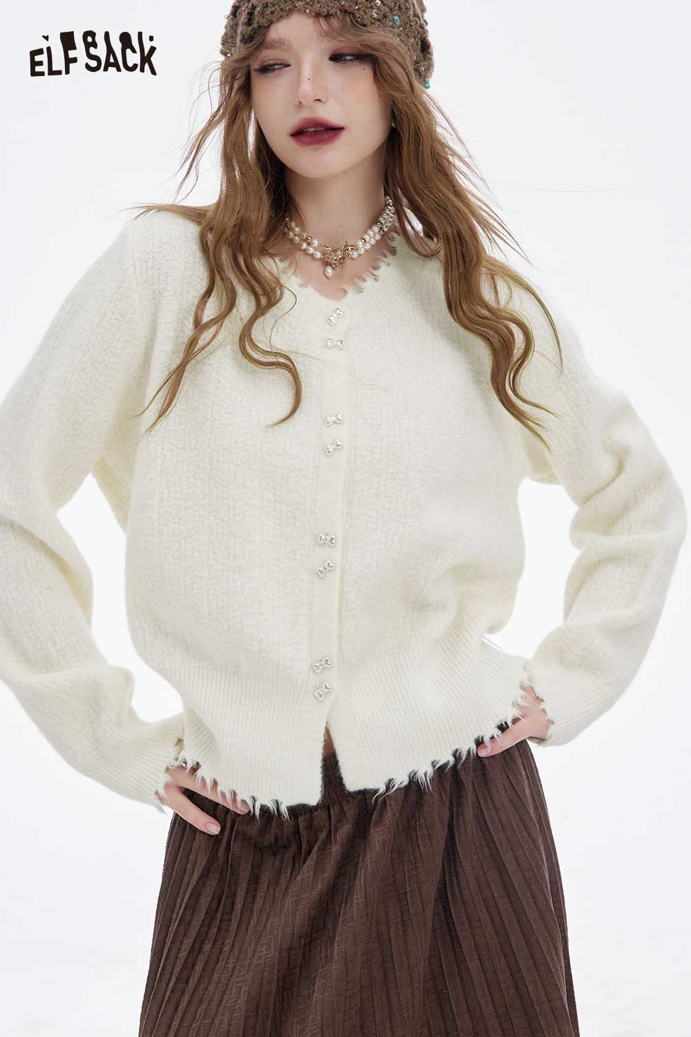 ELFSACK preppy fringe sweater for women in cream with button front and stylish hem details