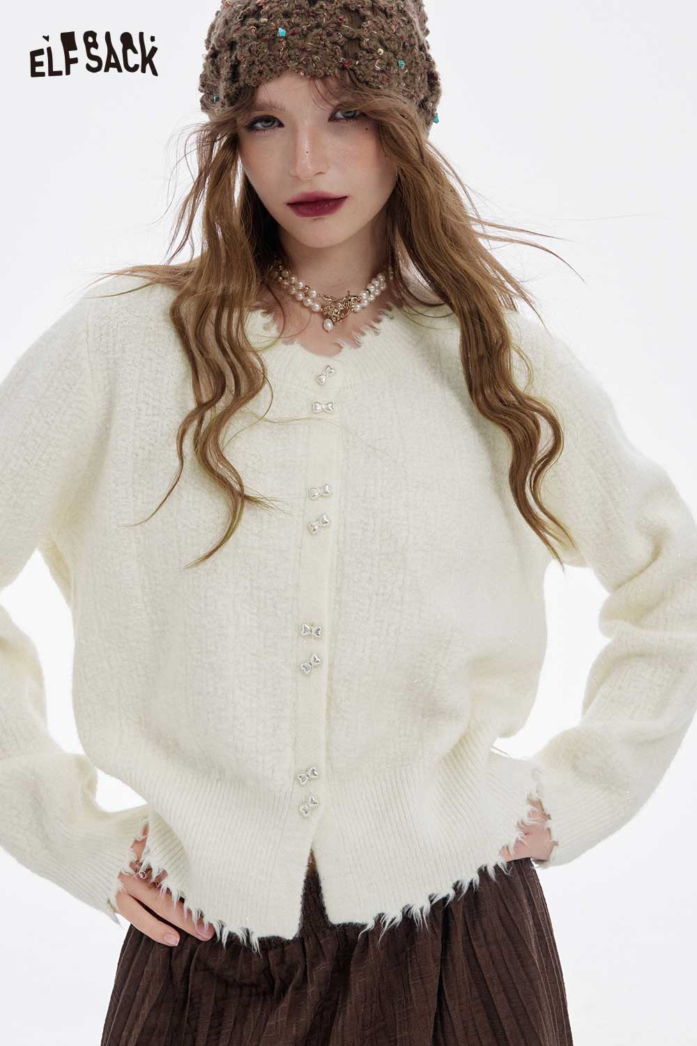 ELFSACK preppy fringe sweater for women in cream with button closure and textured finish