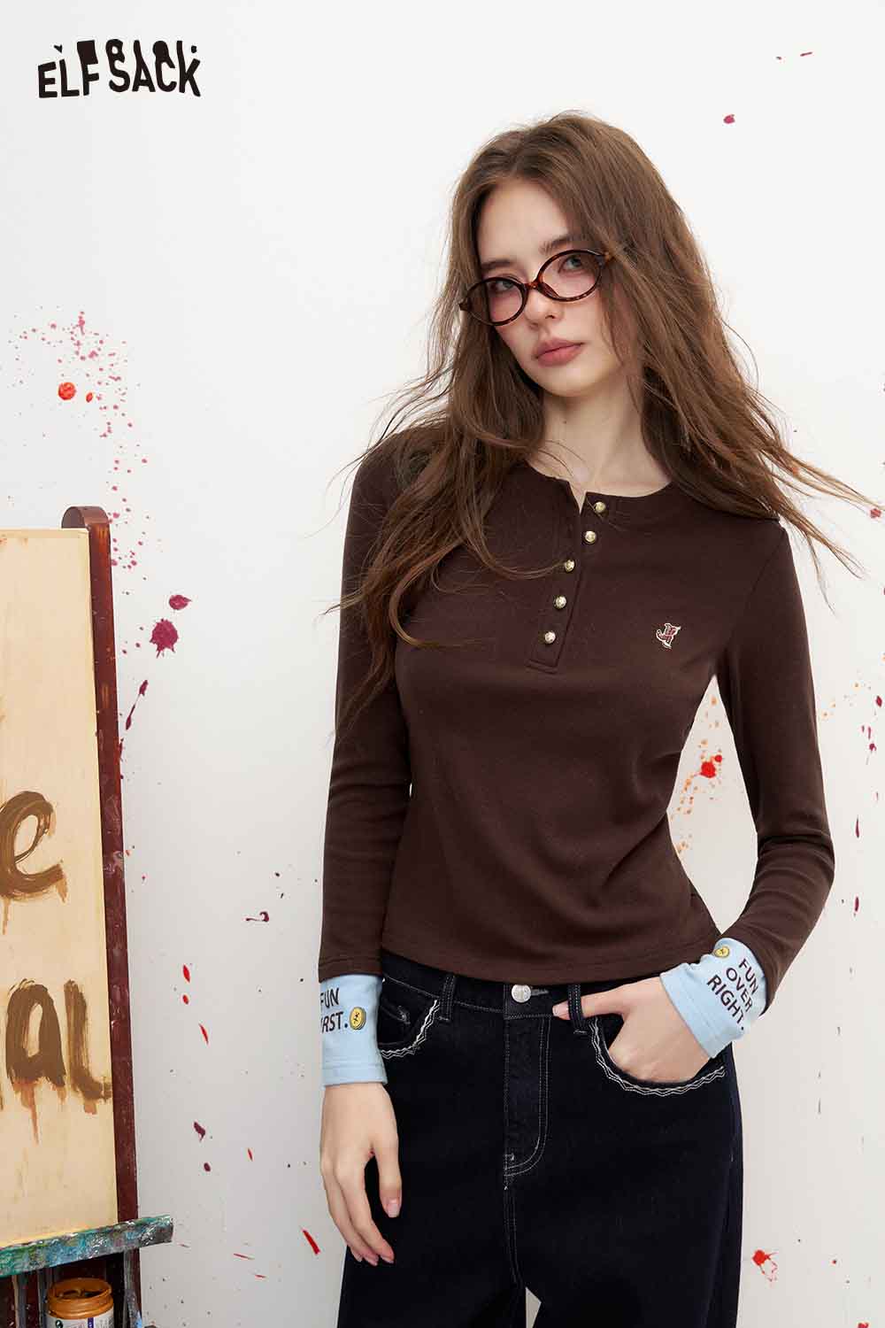 刺繍 ヘンリーネック 長袖クロップドTシャツ