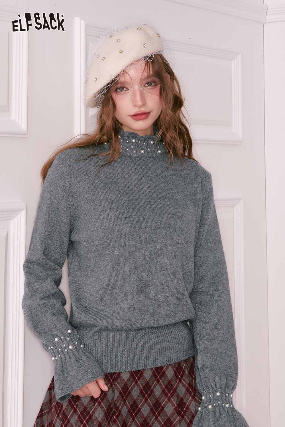 ELFSACK preppy high neck pearl sweater in gray with pearl embellishments and flared sleeves