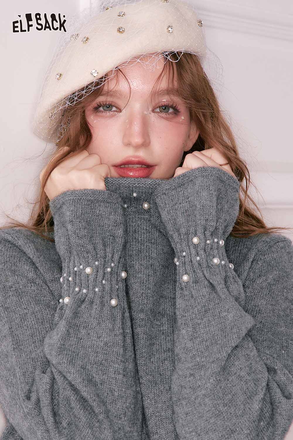 ELFSACK preppy high neck pearl sweater in gray with elegant pearl detailing on sleeves