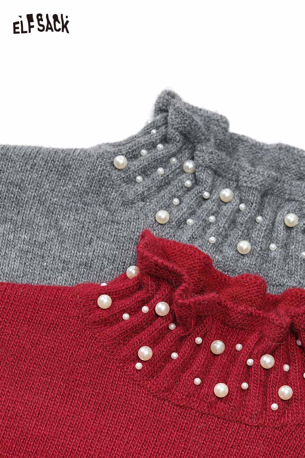 ELFSACK preppy high neck pearl sweater in gray and red with stylish pearl embellishments
