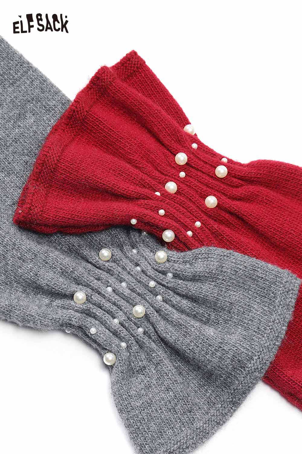 ELFSACK preppy high neck pearl sweater in red and gray with stylish pearl details