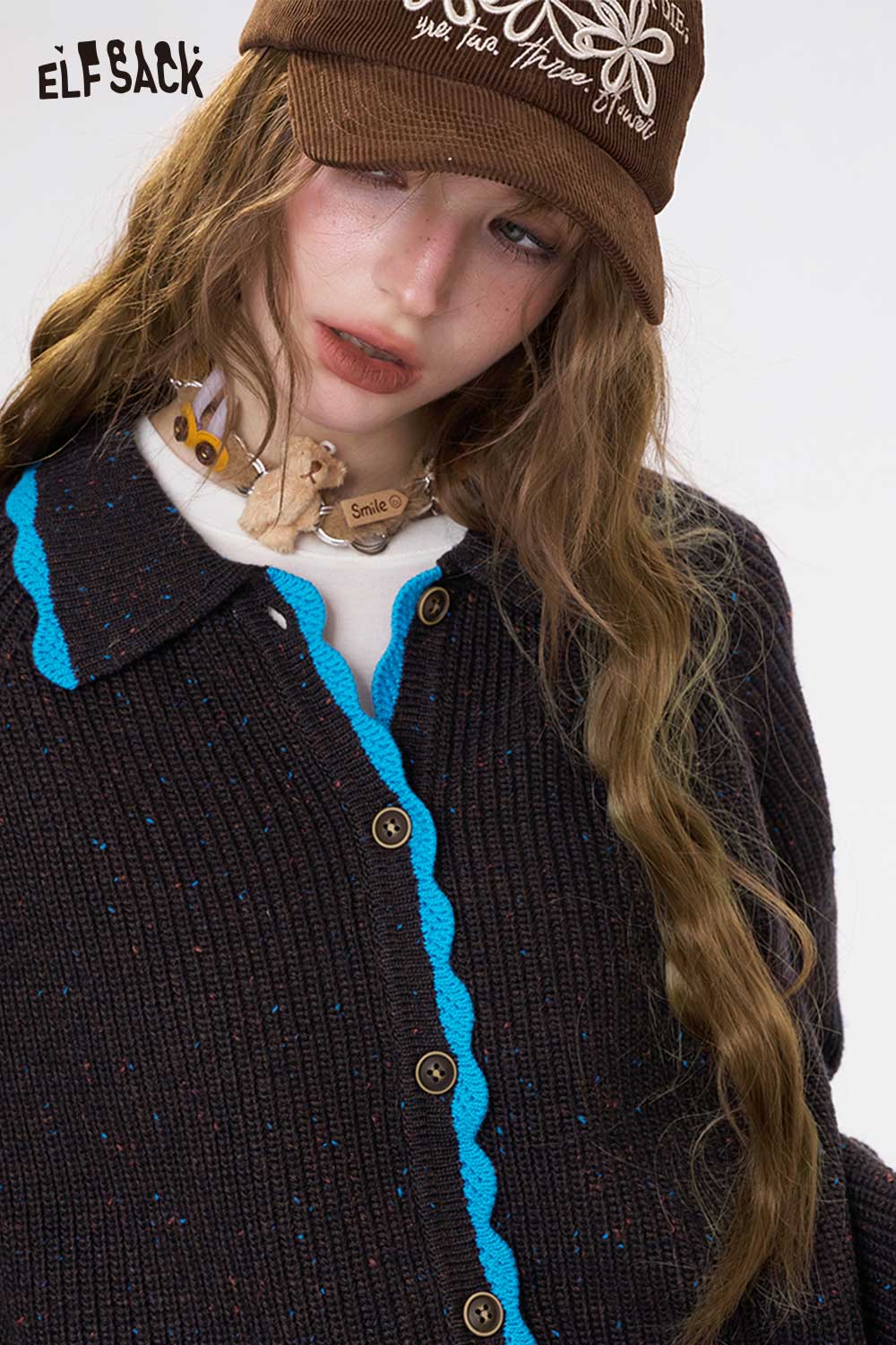 ELFSACK preppy knit cardigan for women with a unique collar and colorful button detailing