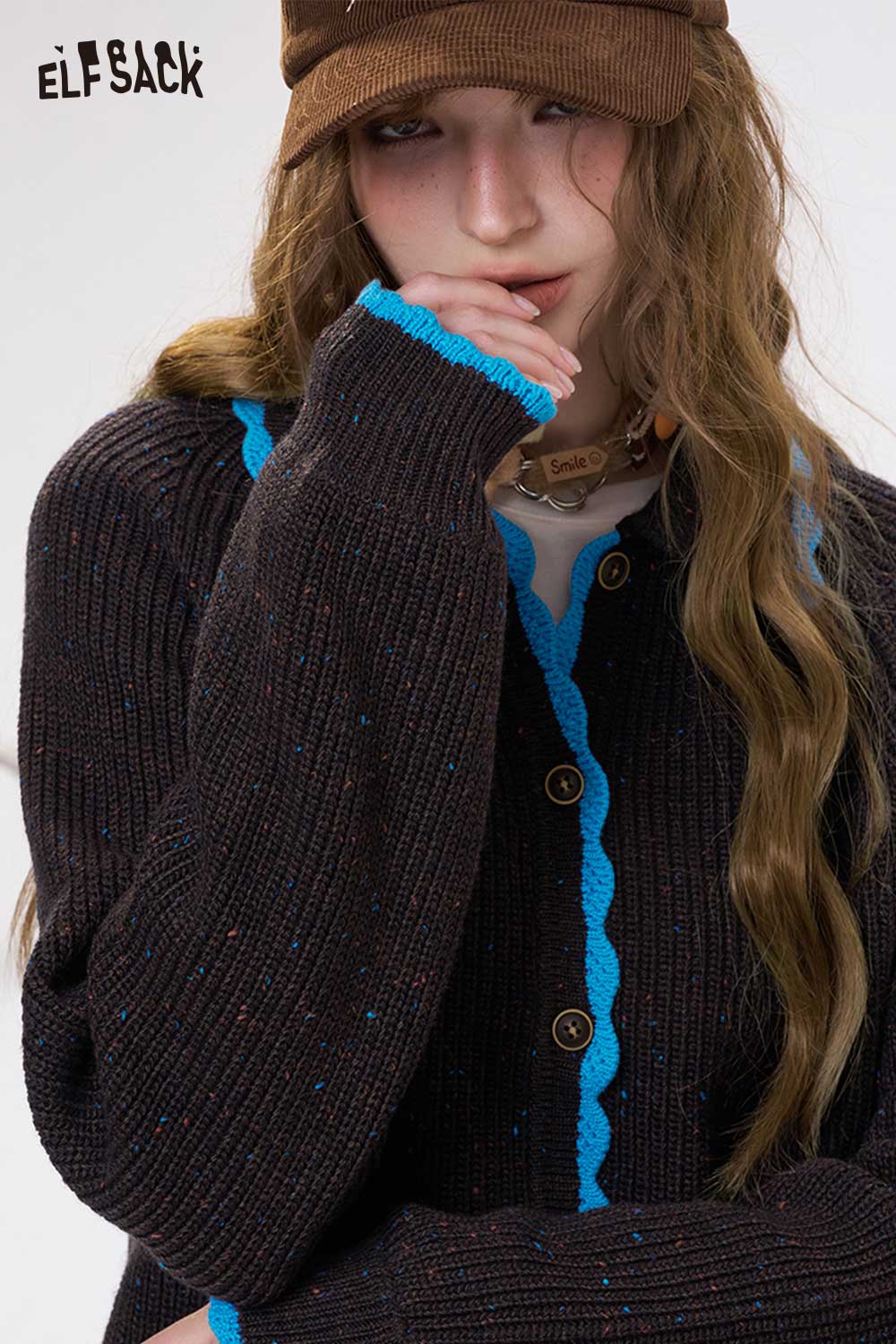 ELFSACK preppy knit cardigan for women in dark brown with blue trim and buttons