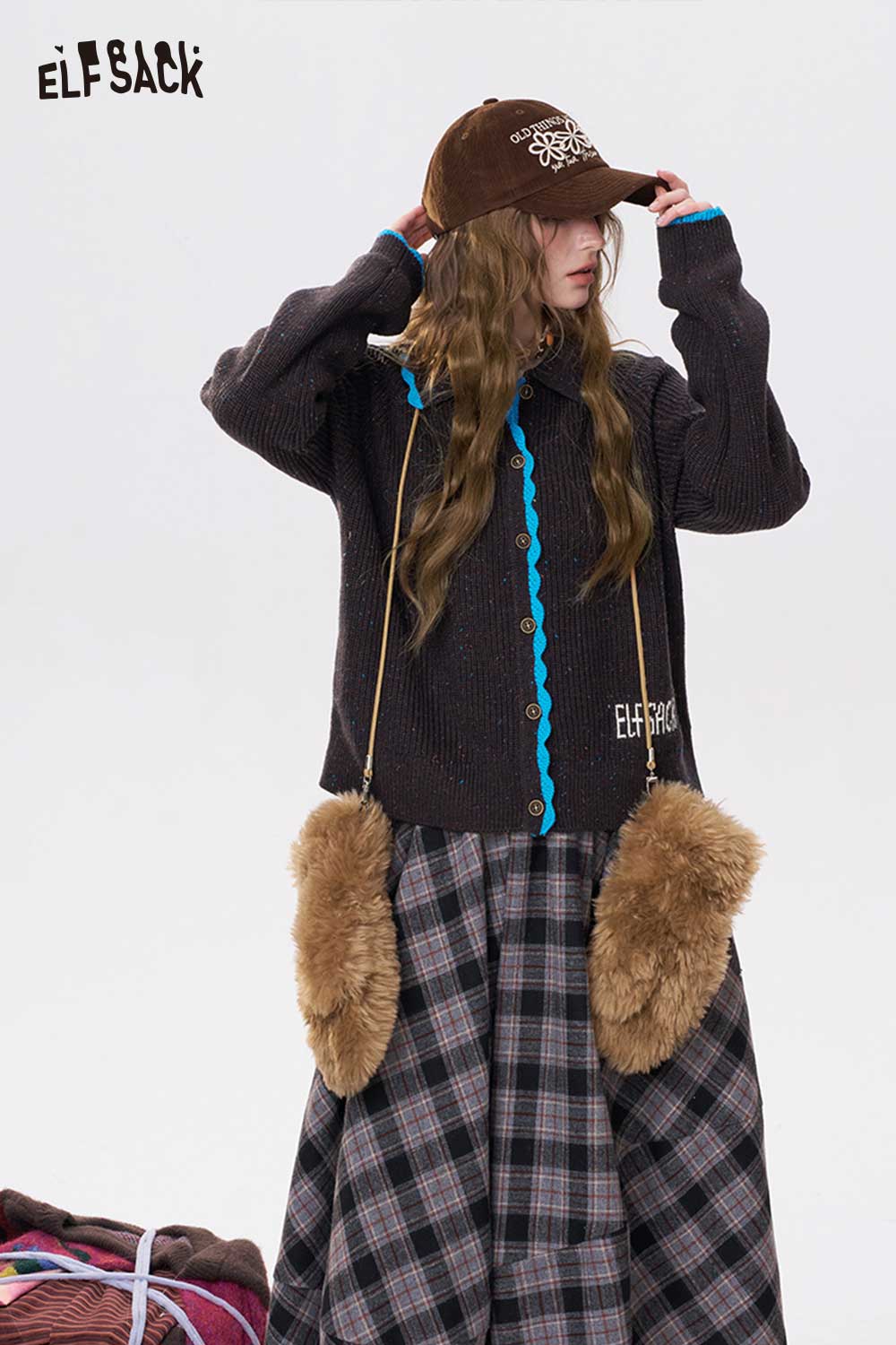 ELFSACK preppy knit cardigan for women in dark brown with blue buttons and trendy styling