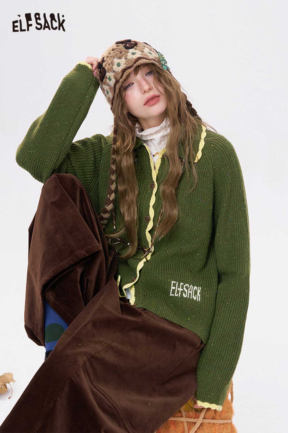 ELFSACK green preppy knit cardigan for women with a stylish design and layered look