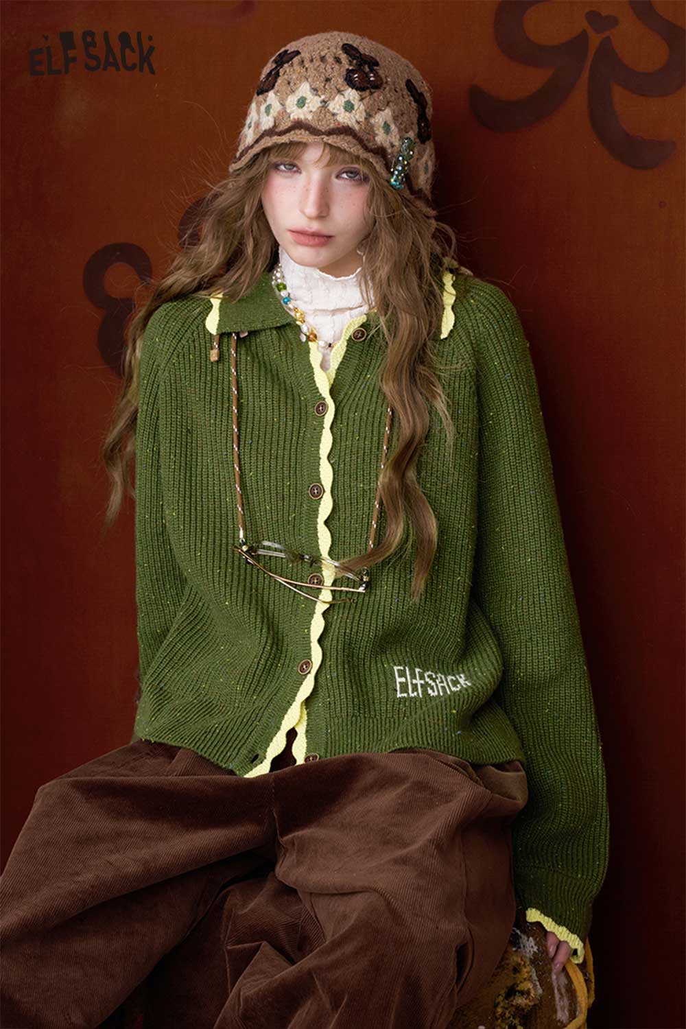 ELFSACK preppy knit cardigan for women in green with stylish buttons and comfortable fit
