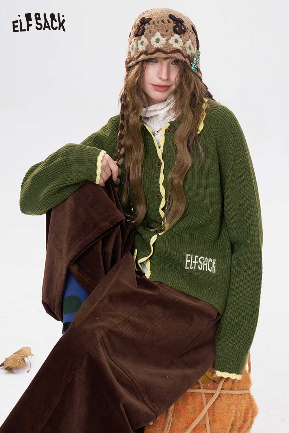 ELFSACK preppy knit cardigan for women in green with stylish buttons and ribbed texture