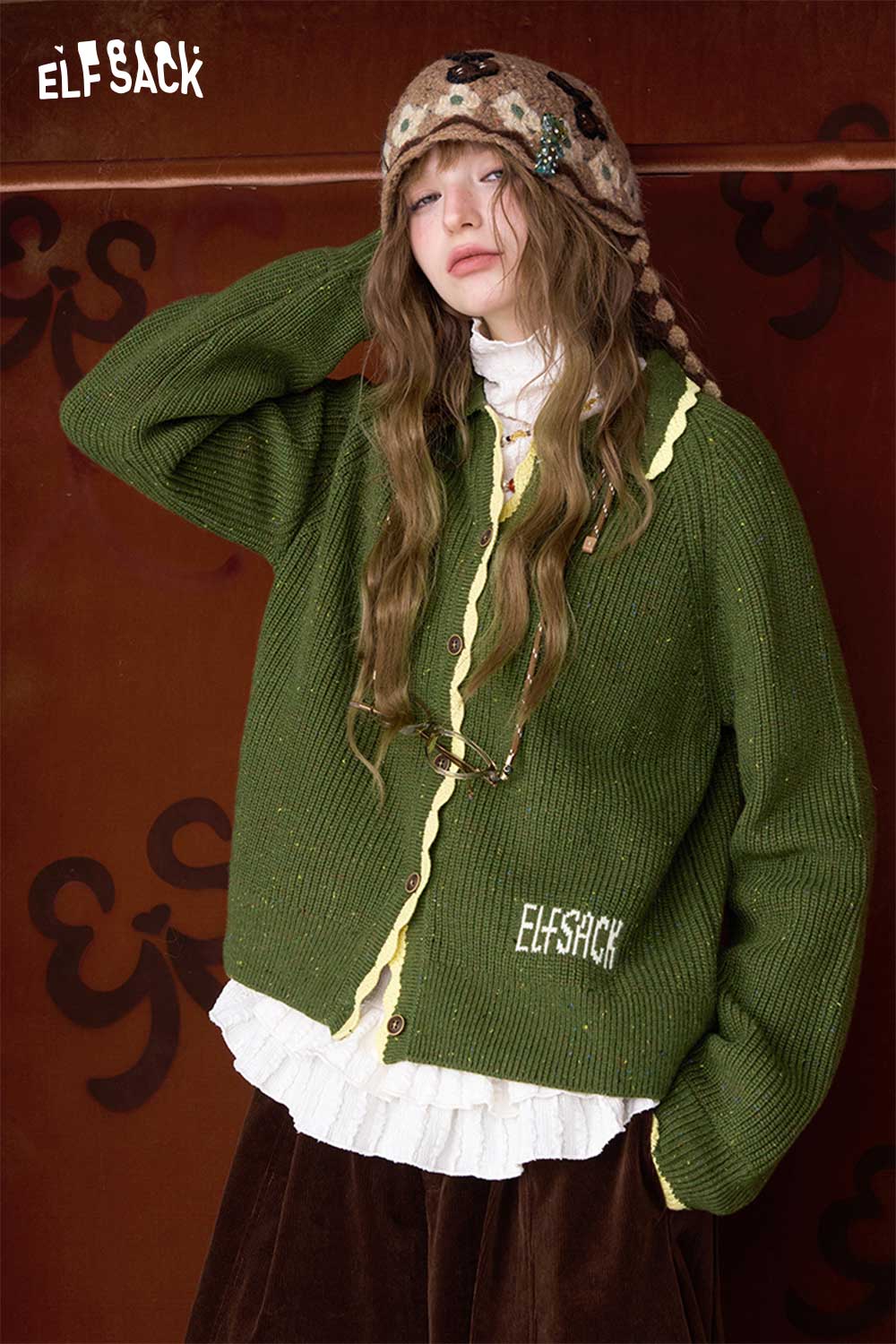 ELFSACK green preppy knit cardigan for women with buttons and a stylish fit