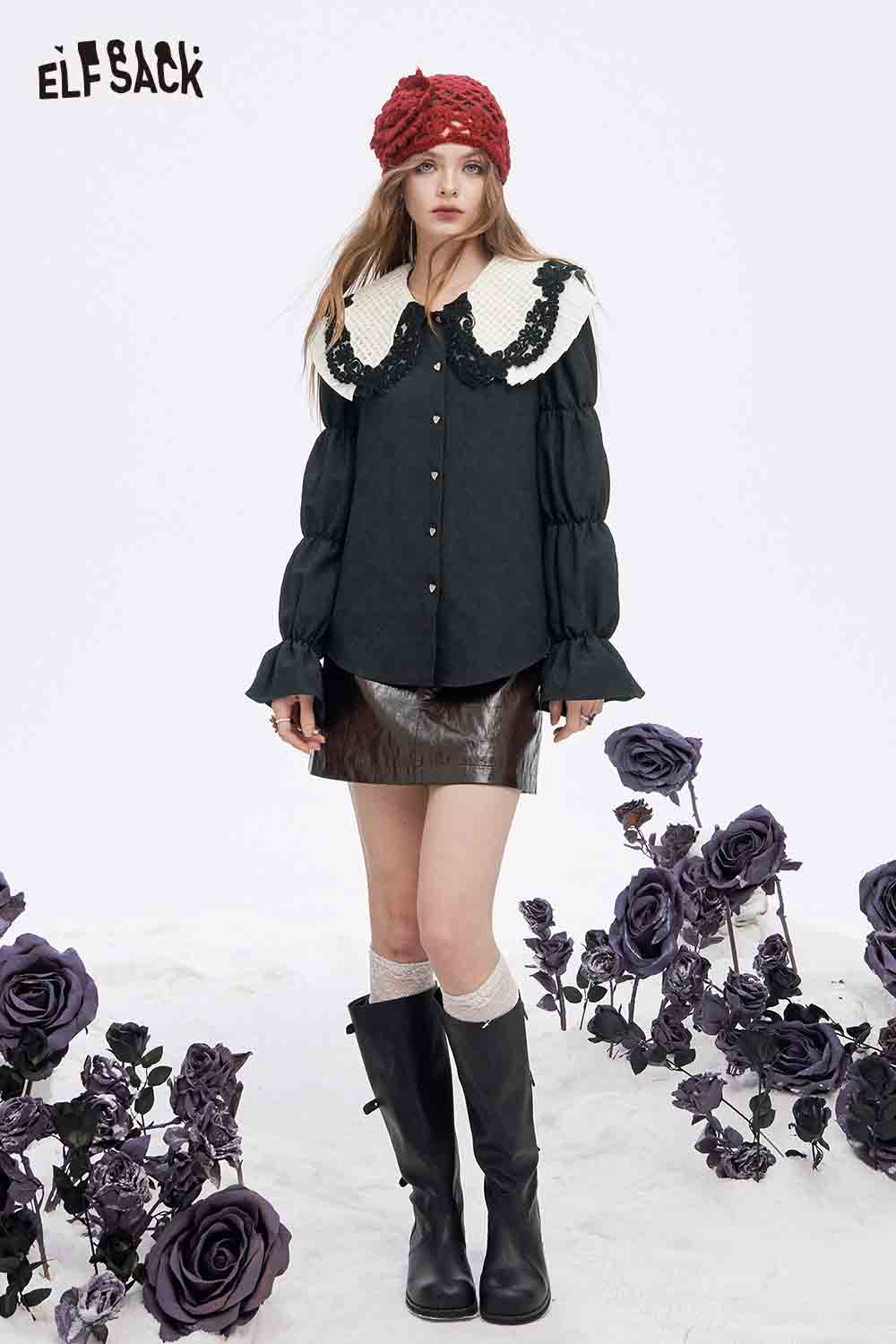 ELFSACK preppy lace collar blouse in black with puff sleeves and decorative buttons