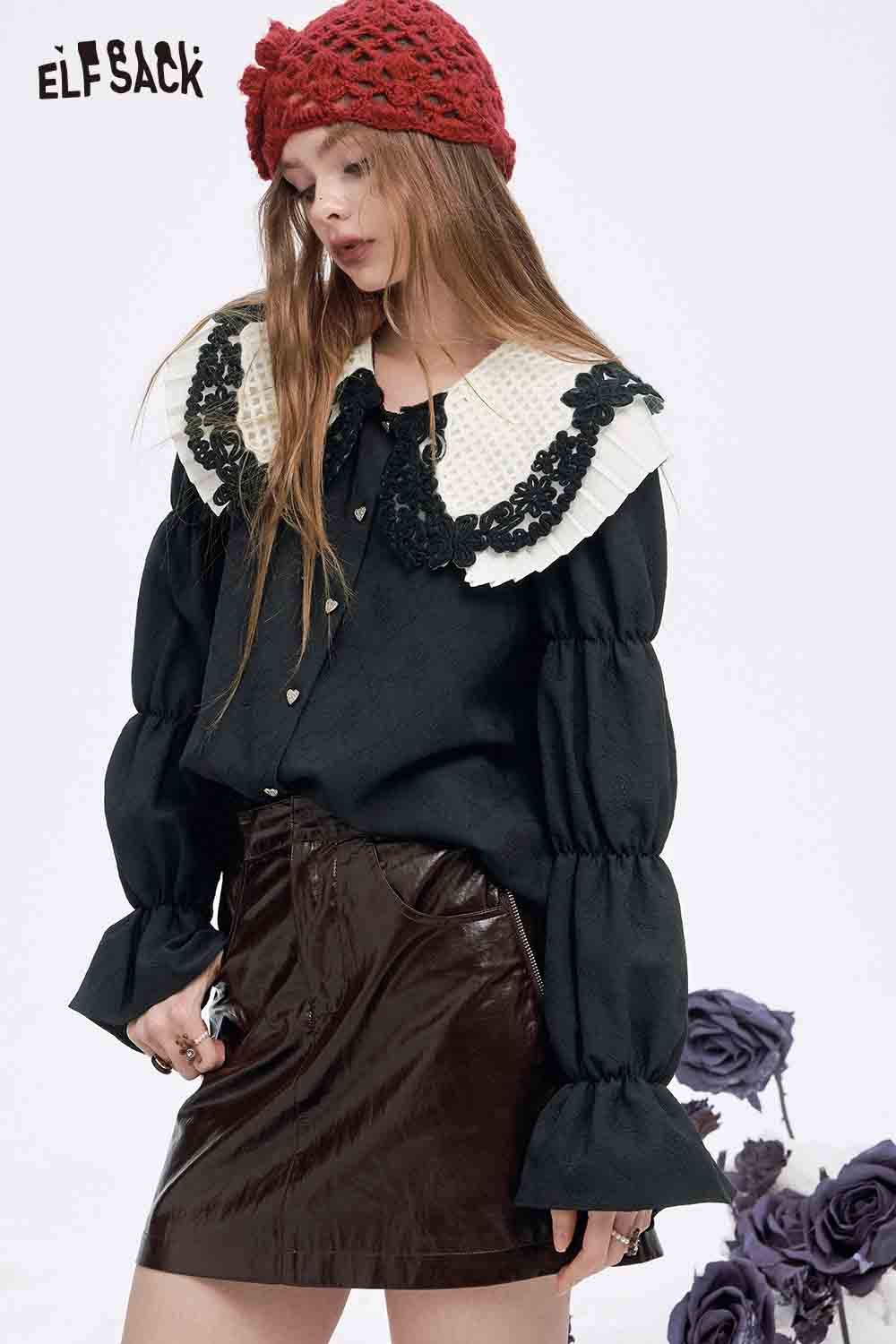 ELFSACK preppy lace collar blouse in black with oversized sleeves and decorative collar details