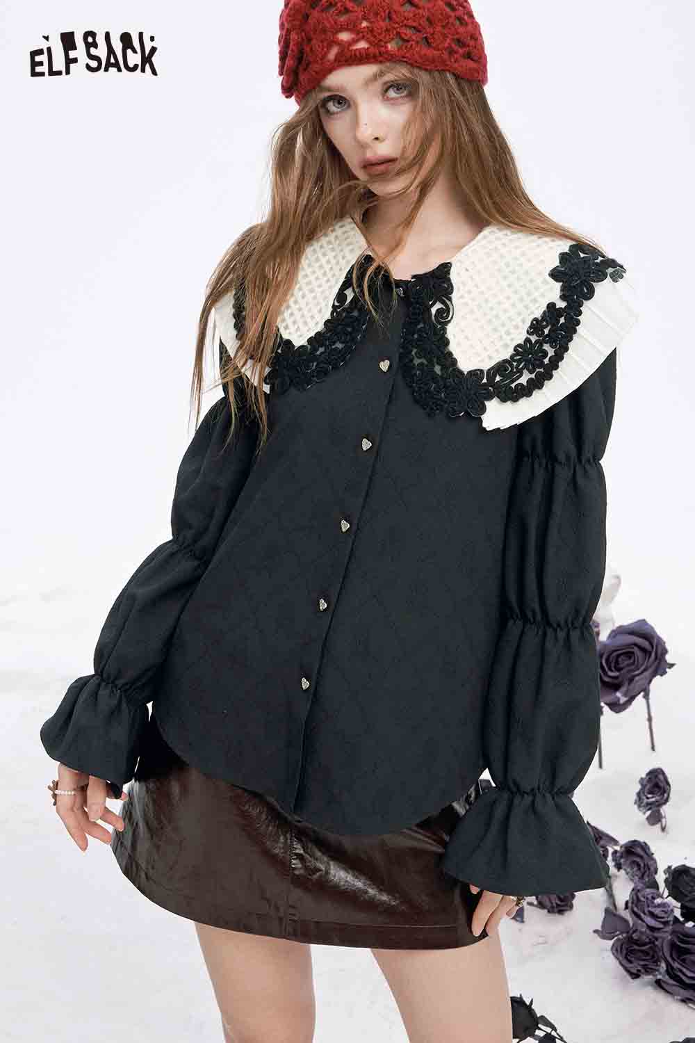 ELFSACK preppy lace collar blouse in black with puffed sleeves and lace detailing