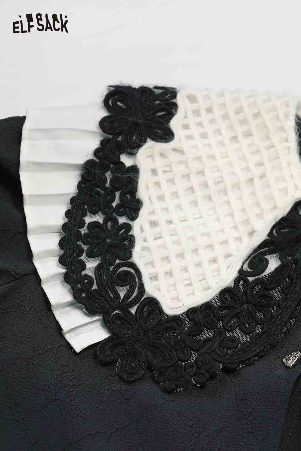 Close-up of ELFSACK preppy lace collar blouse showcasing intricate lace detailing and a stylish design