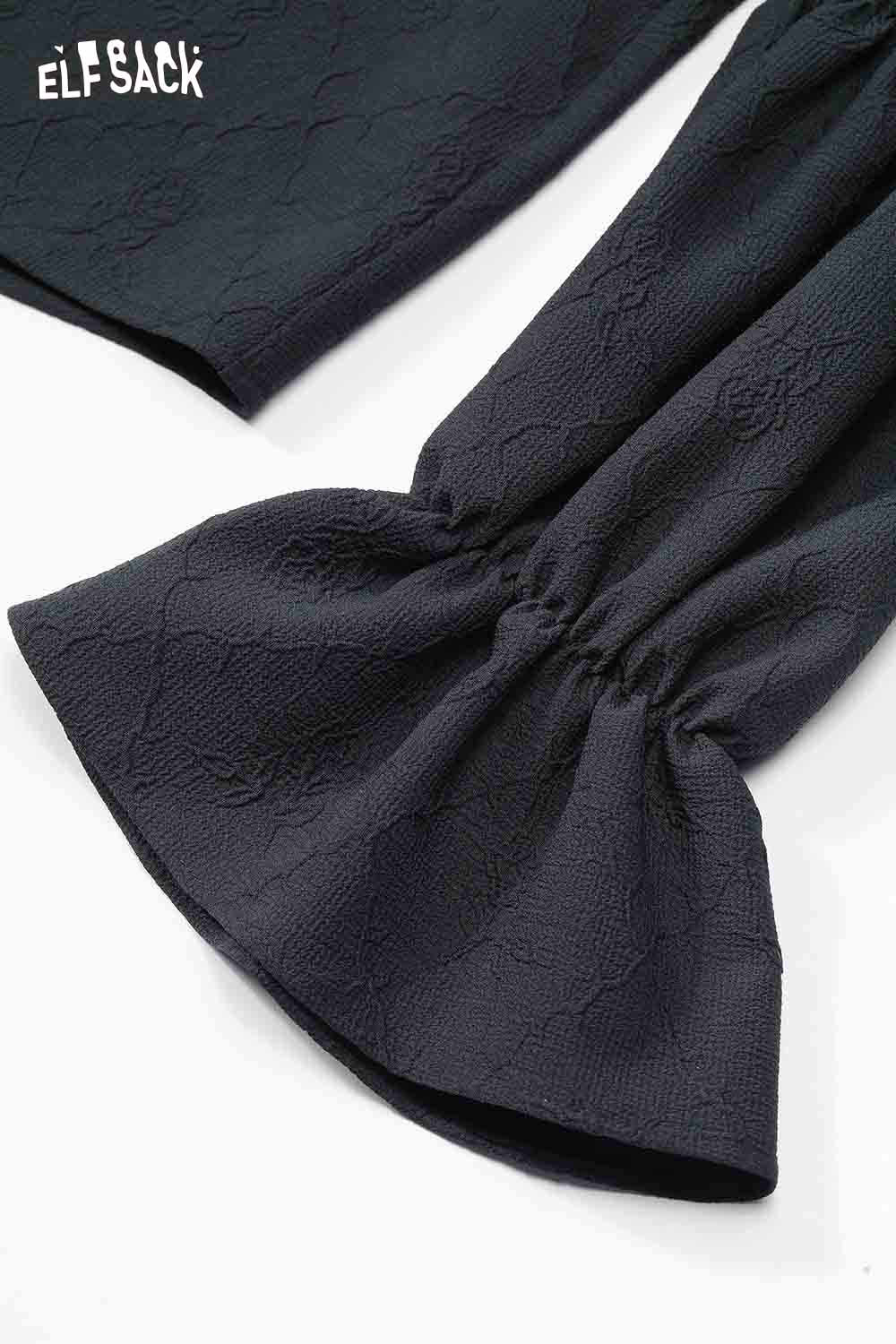 ELFSACK preppy lace collar blouse with stylish bell sleeves in a dark textured fabric