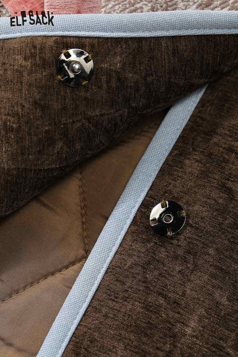 Inside view of the ELFSACK preppy patchwork bow coat showcasing secure snap buttons and quilted lining