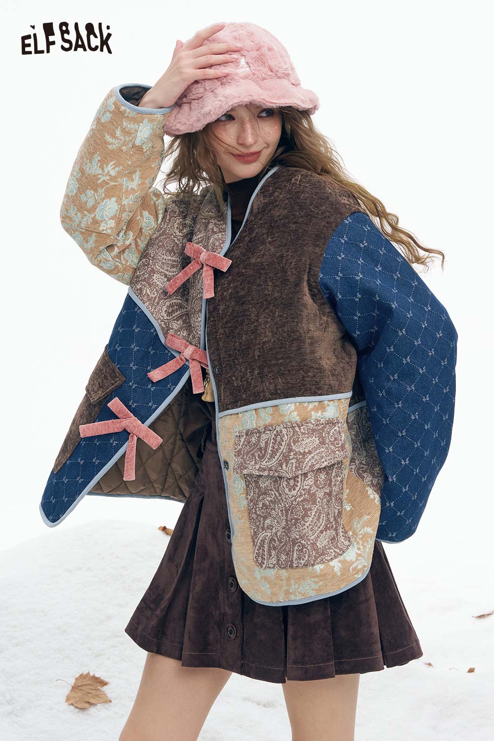 ELFSACK preppy patchwork bow coat with colorful patterns and bows for a stylish winter look