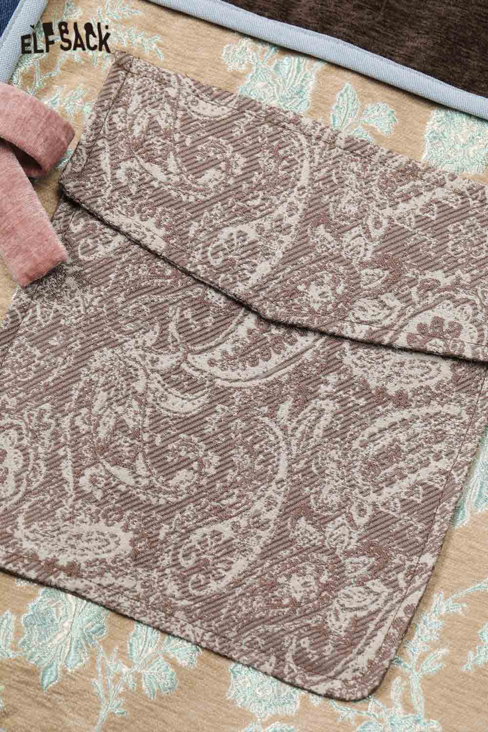 ELFSACK preppy patchwork bow coat in a stylish patterned brown fabric with intricate designs