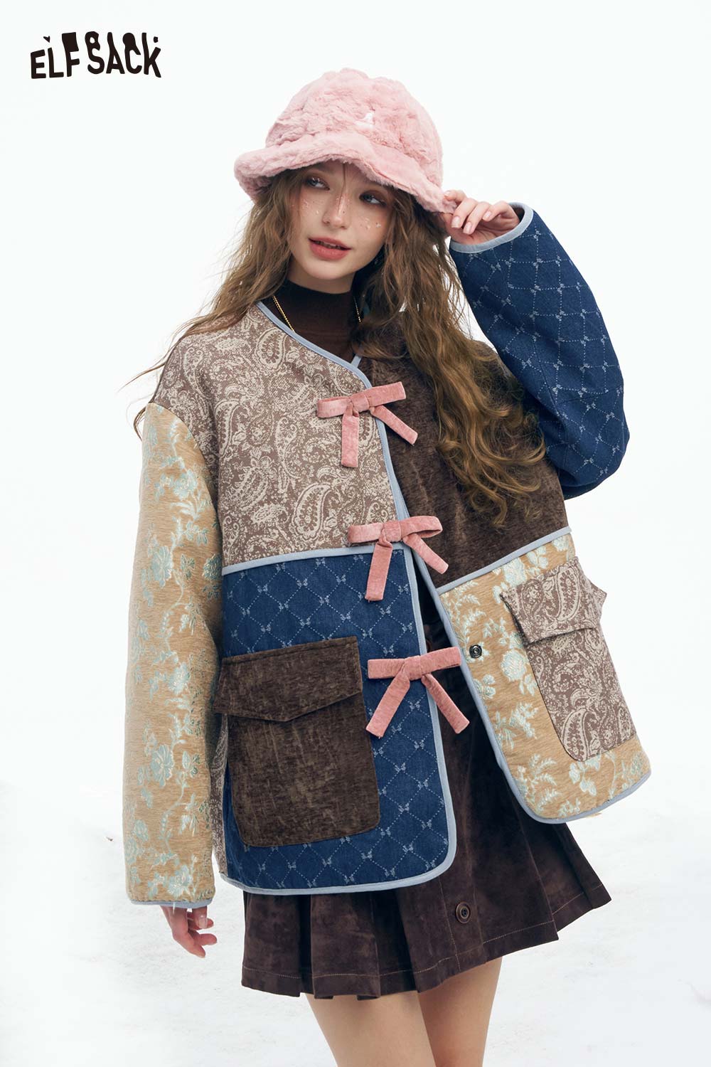 ELFSACK preppy patchwork bow coat featuring colorful panels and bow details for a stylish look