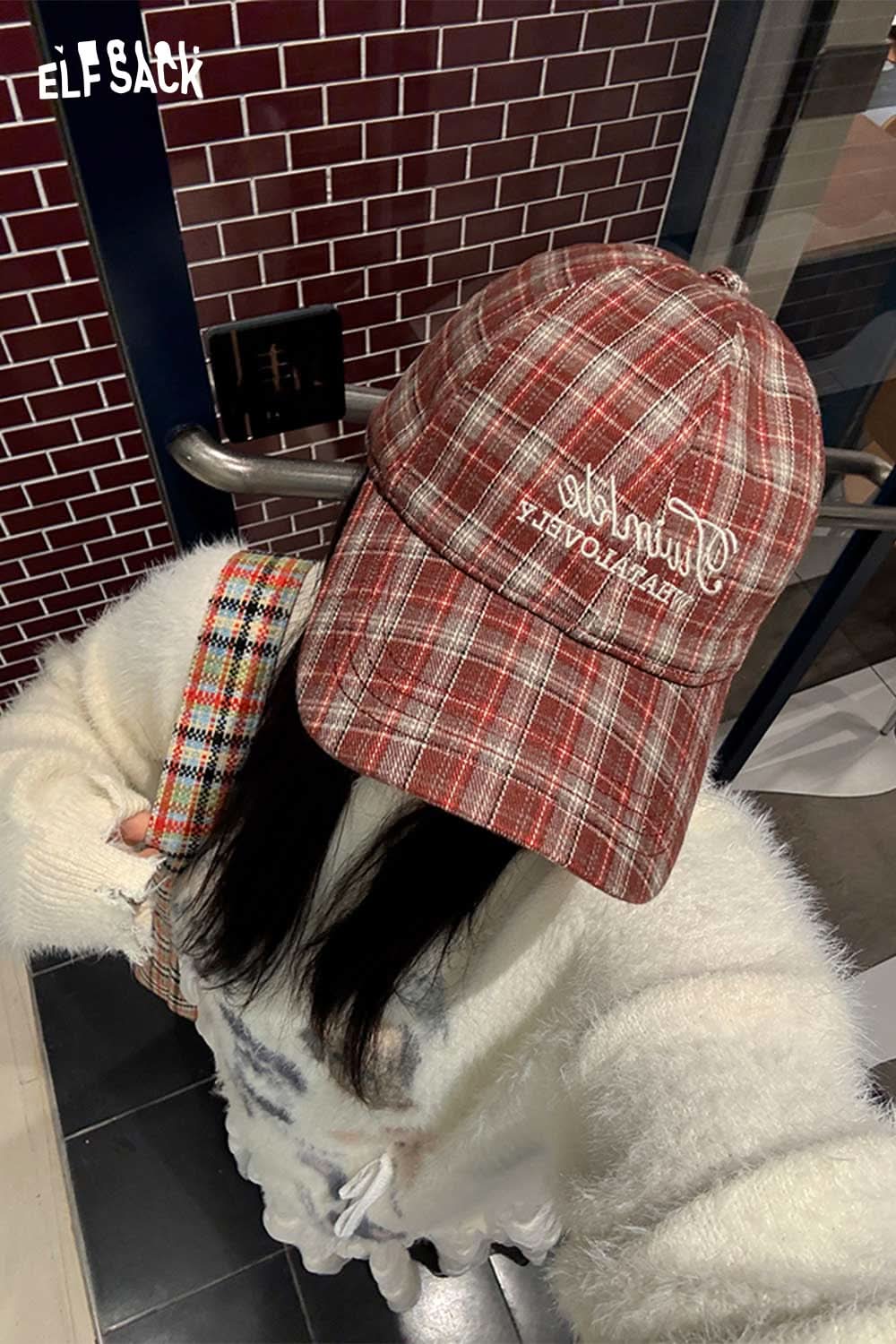 ELFSACK preppy plaid baseball cap for women in red and beige, featuring stylish embroidery