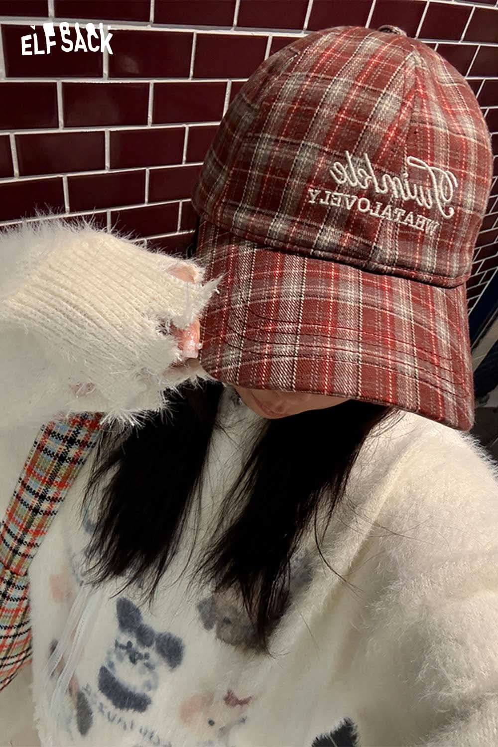 ELFSACK preppy plaid baseball cap for women featuring a stylish plaid pattern and adjustable fit