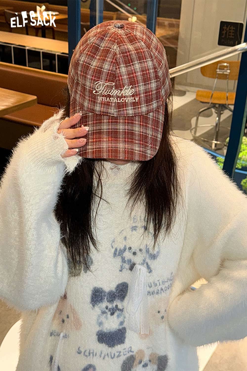 ELFSACK preppy plaid baseball cap for women in red and white, styled with a cozy sweater