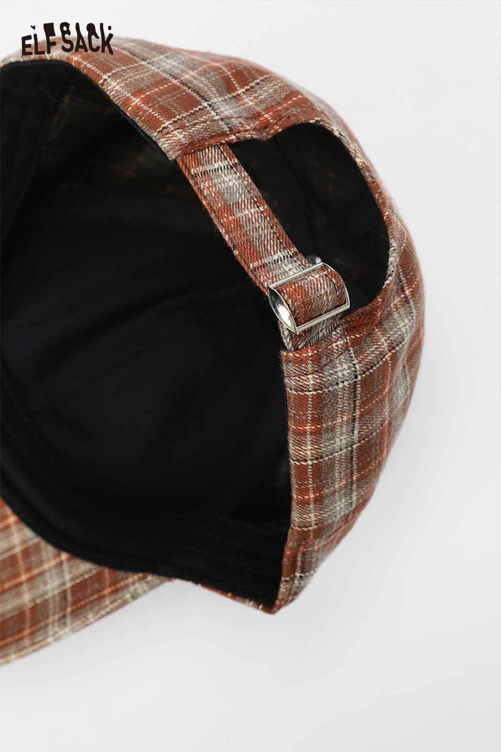 Inside view of ELFSACK preppy plaid baseball cap for women with adjustable strap and soft lining