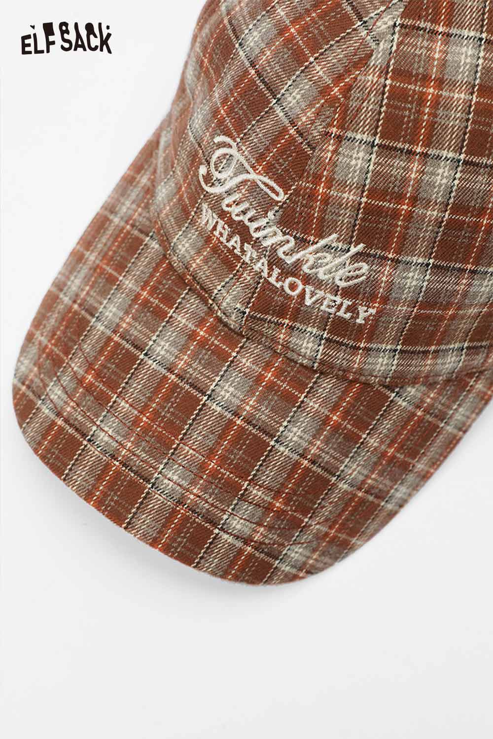 ELFSACK preppy plaid baseball cap for women with embroidered text in earthy tones