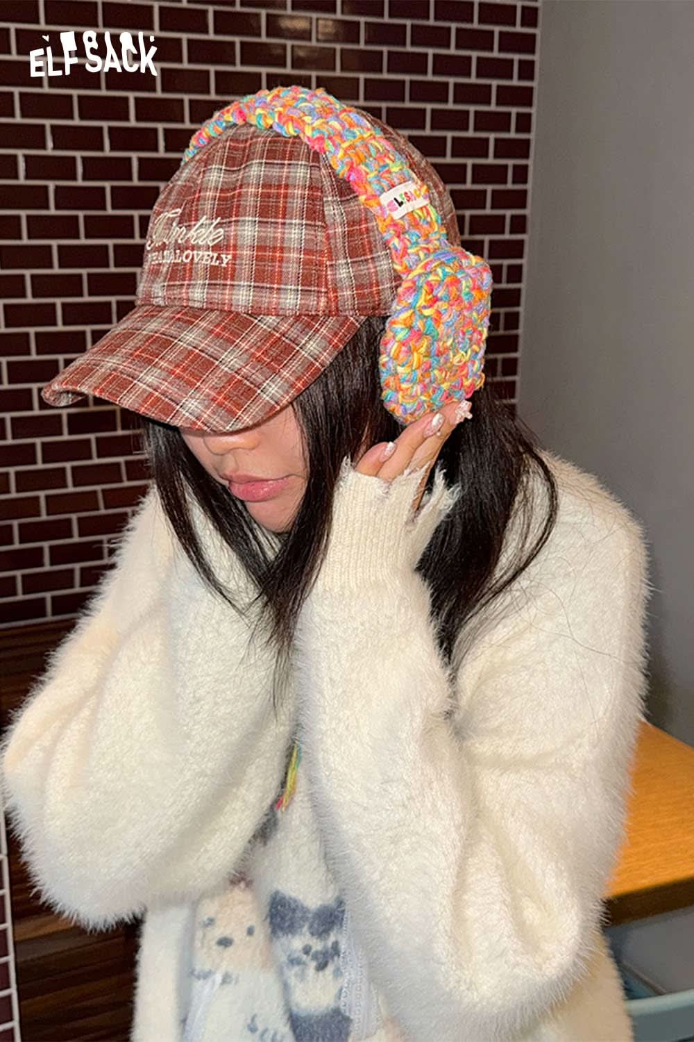 ELFSACK preppy plaid baseball cap for women styled with cozy winter ear muffs