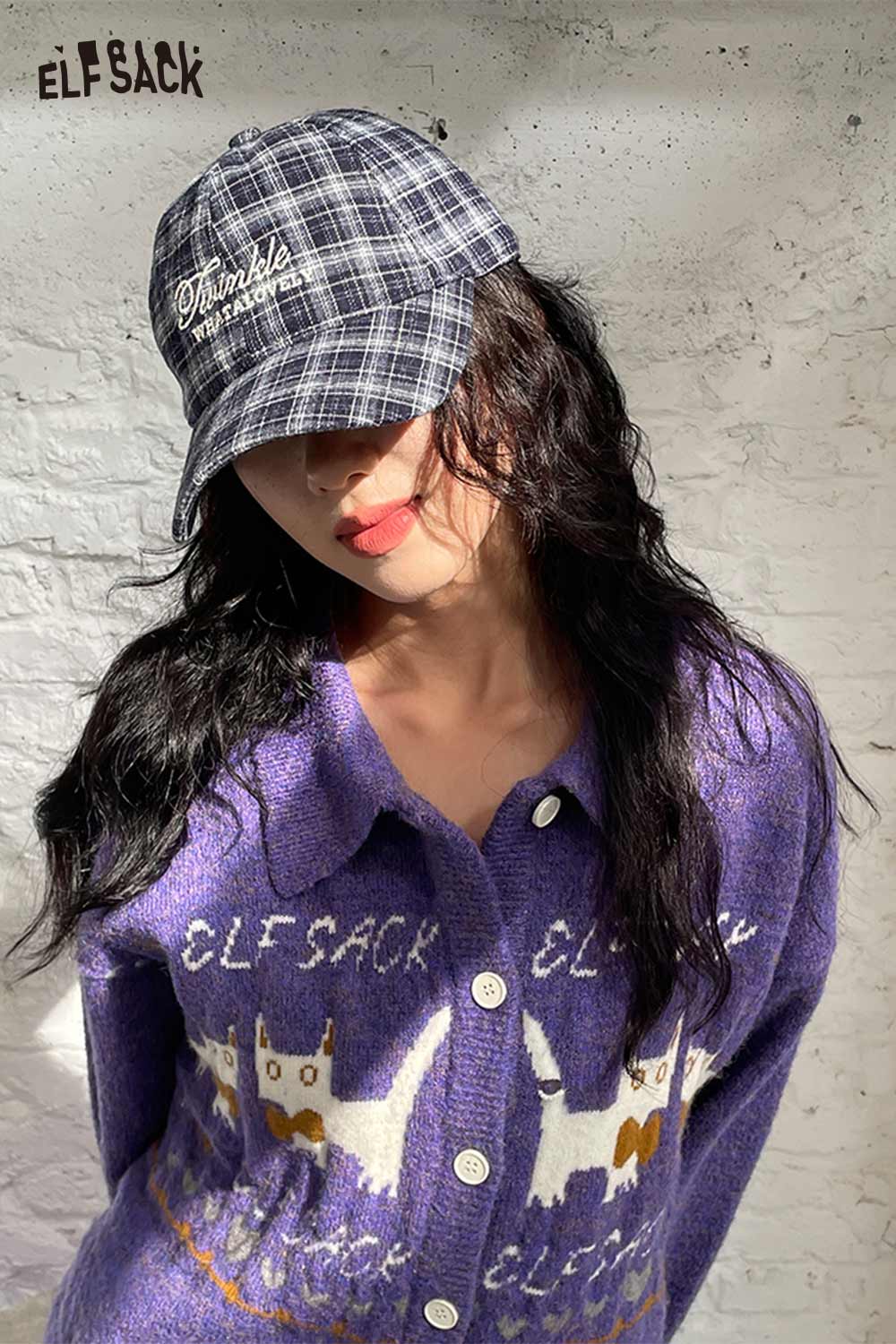 Stylish ELFSACK preppy plaid baseball cap for women paired with a cozy sweater