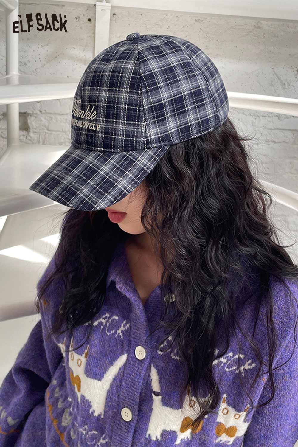 ELFSACK preppy plaid baseball cap for women in blue and gray with stylish front embroidery